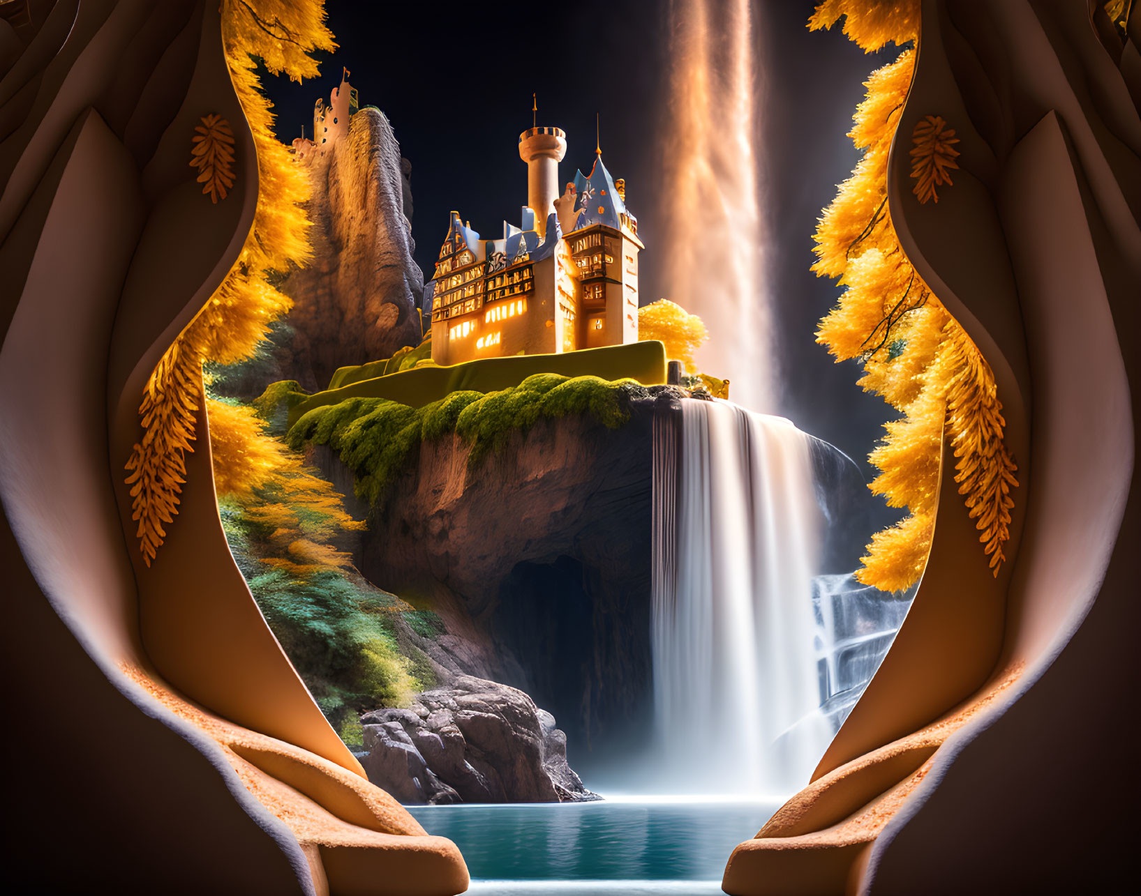 Enchanting castle on cliff with waterfall and autumnal scenery