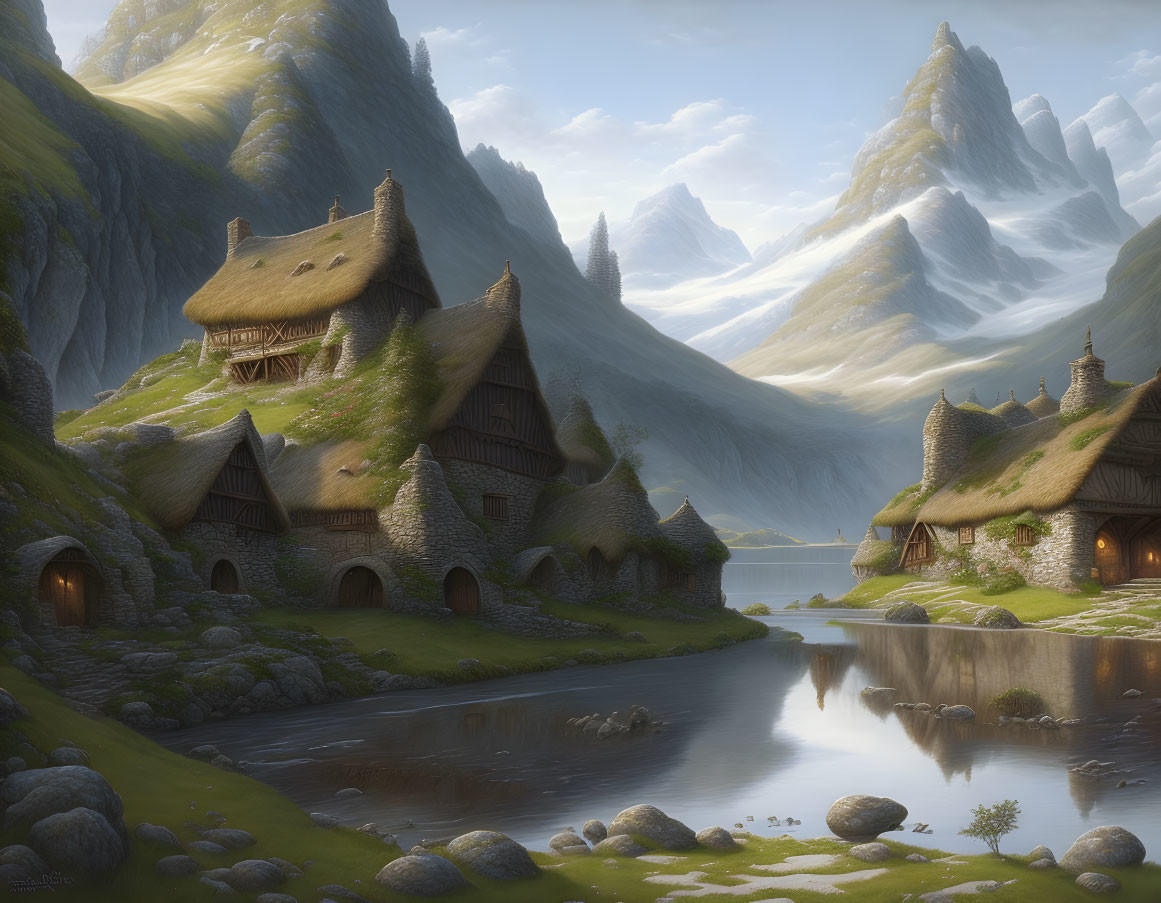 Tranquil fantasy village by a lake with misty mountains