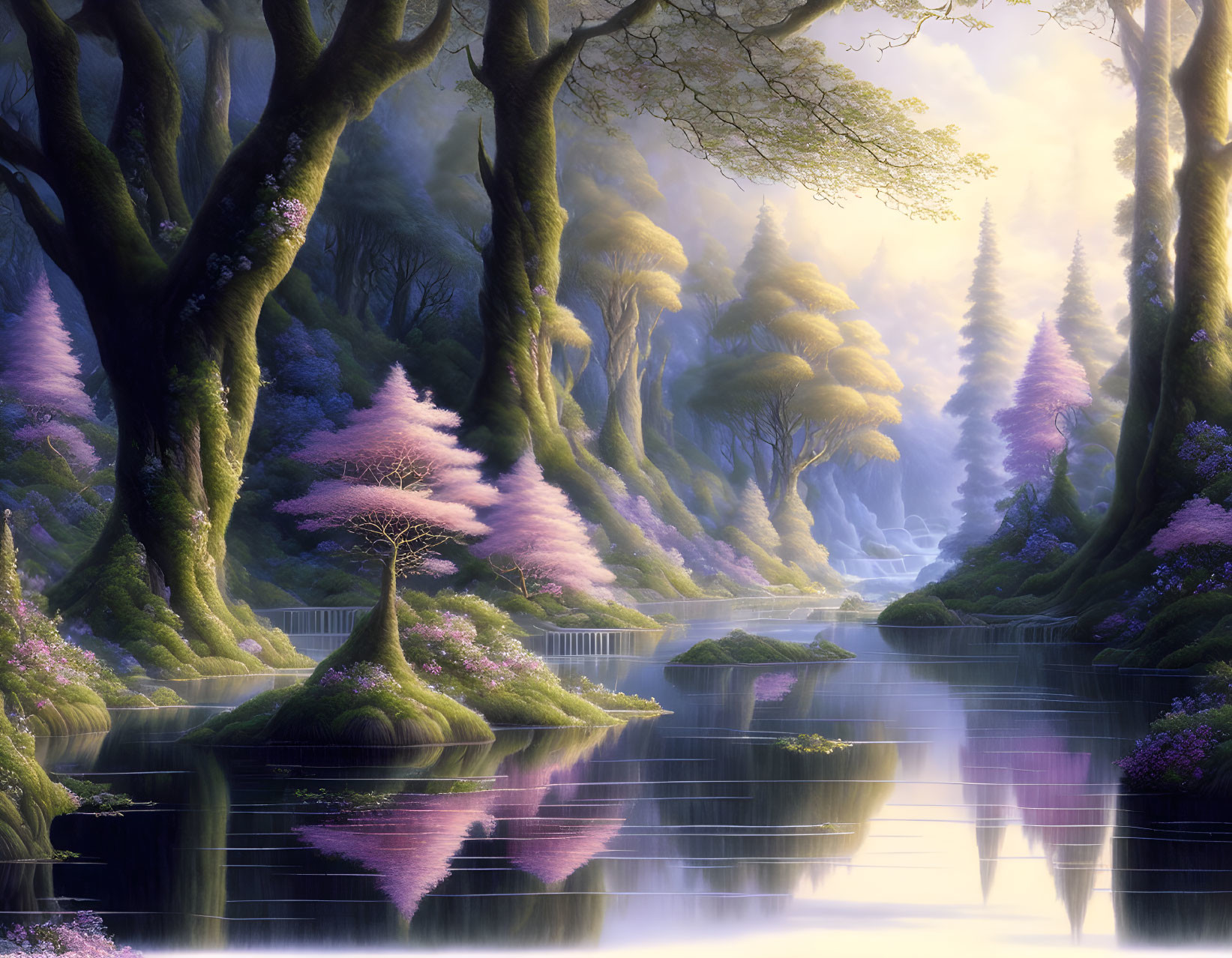 Tranquil fantasy forest with pink foliage, reflective waters, misty atmosphere