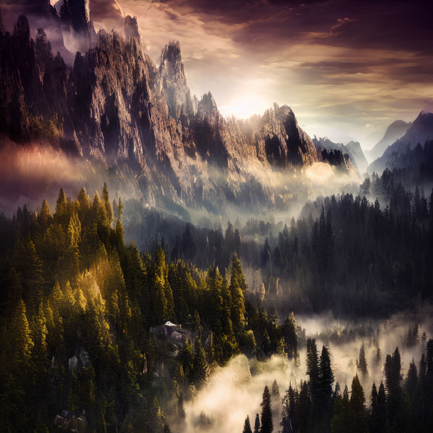 Sunrays piercing mist over mountain forest at sunset