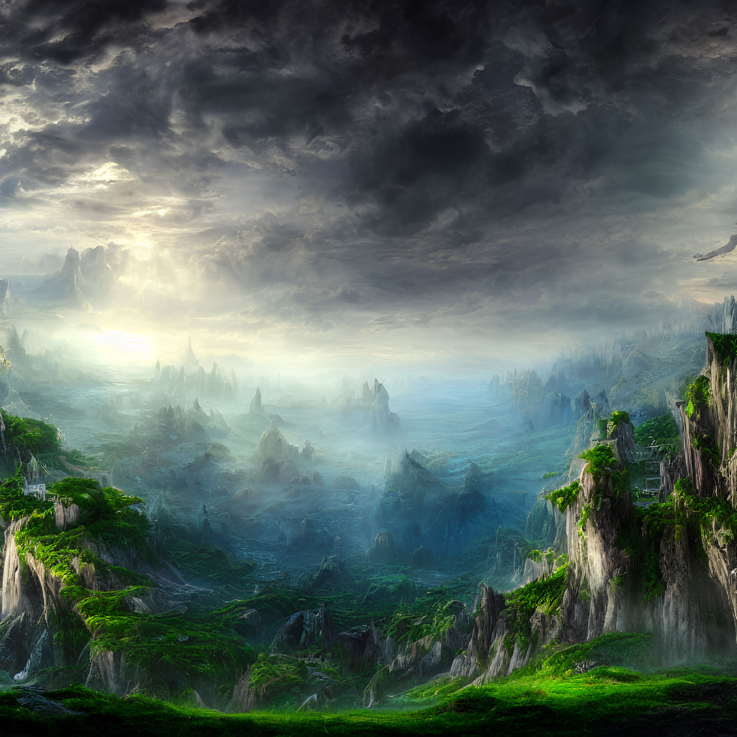 Mystical landscape featuring towering cliffs, waterfalls, ancient ruins, and dramatic sky
