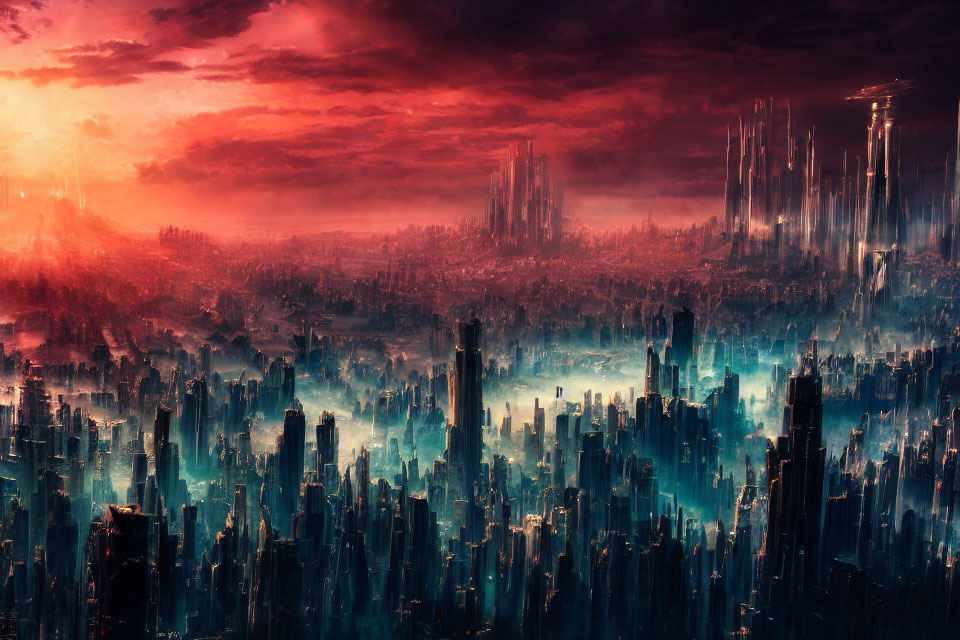 Dystopian cityscape with towering skyscrapers and red sky