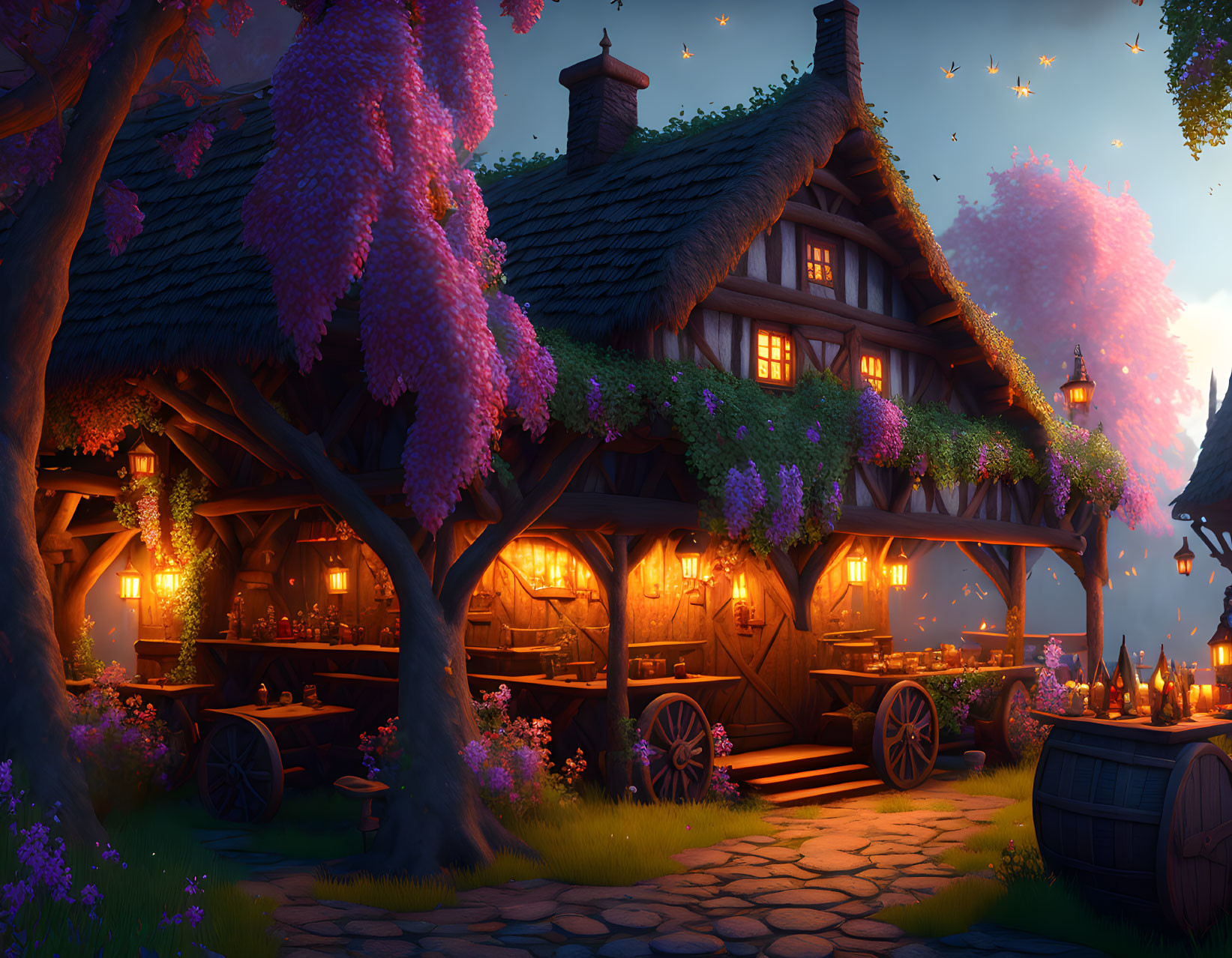Twilight scene: Cozy tavern with wisteria under starry sky