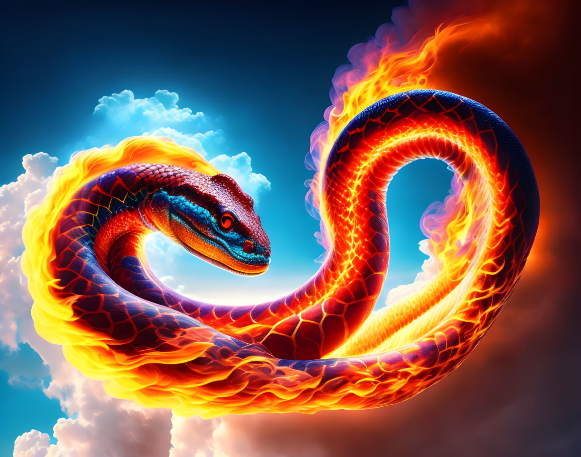 Digital Art: Fiery Snake with Blue Eyes Against Dramatic Sky