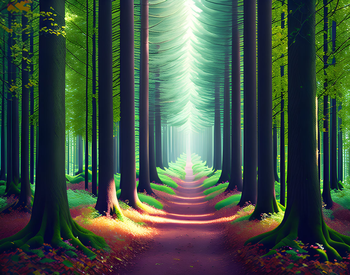 Enchanting forest scene with tall green trees and glowing light