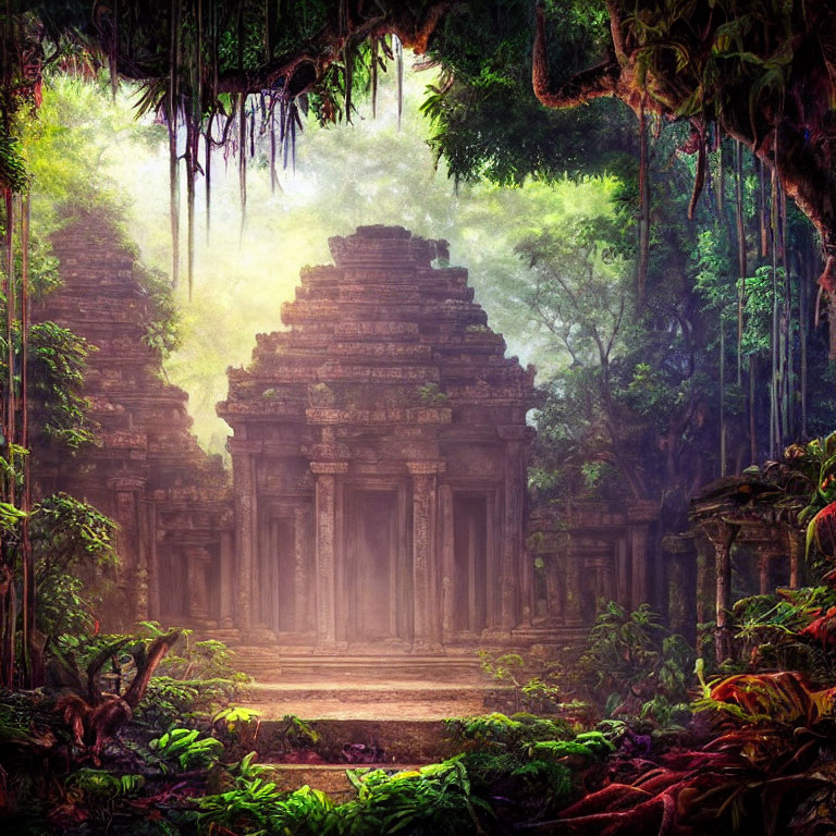 Ancient temple in vibrant jungle with sunlight filtering through foliage