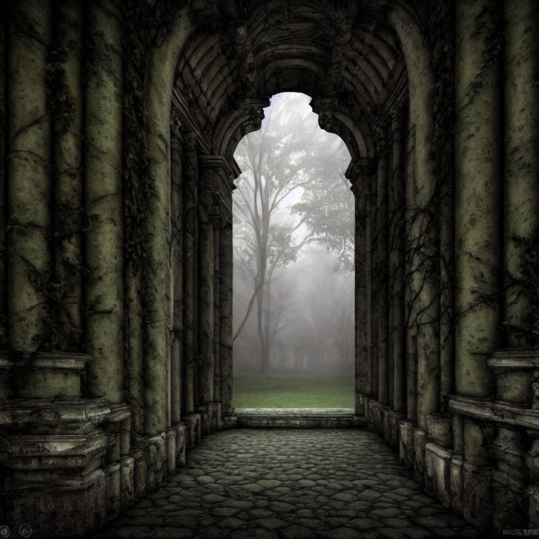 Ancient stone archway in foggy forest with tree silhouette, moss walls, cobblestone.