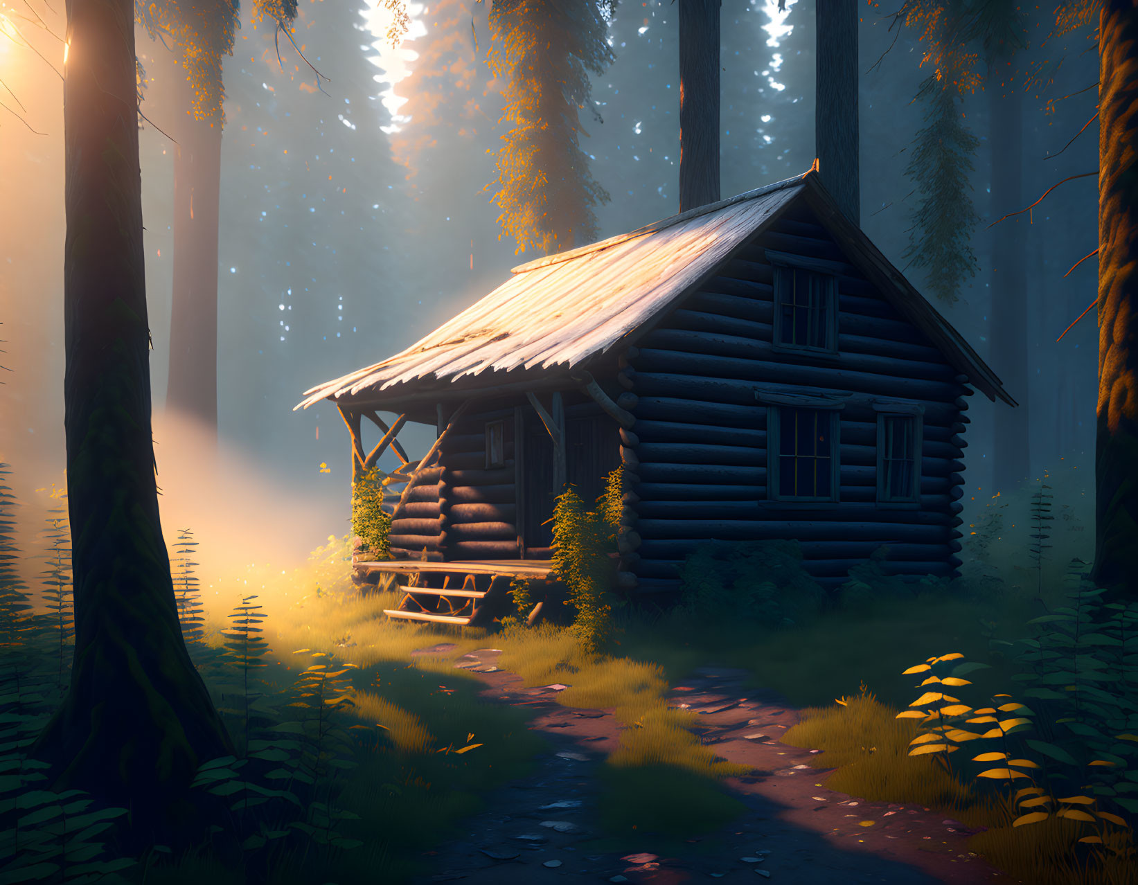 Misty forest scene with wooden cabin in sunlight