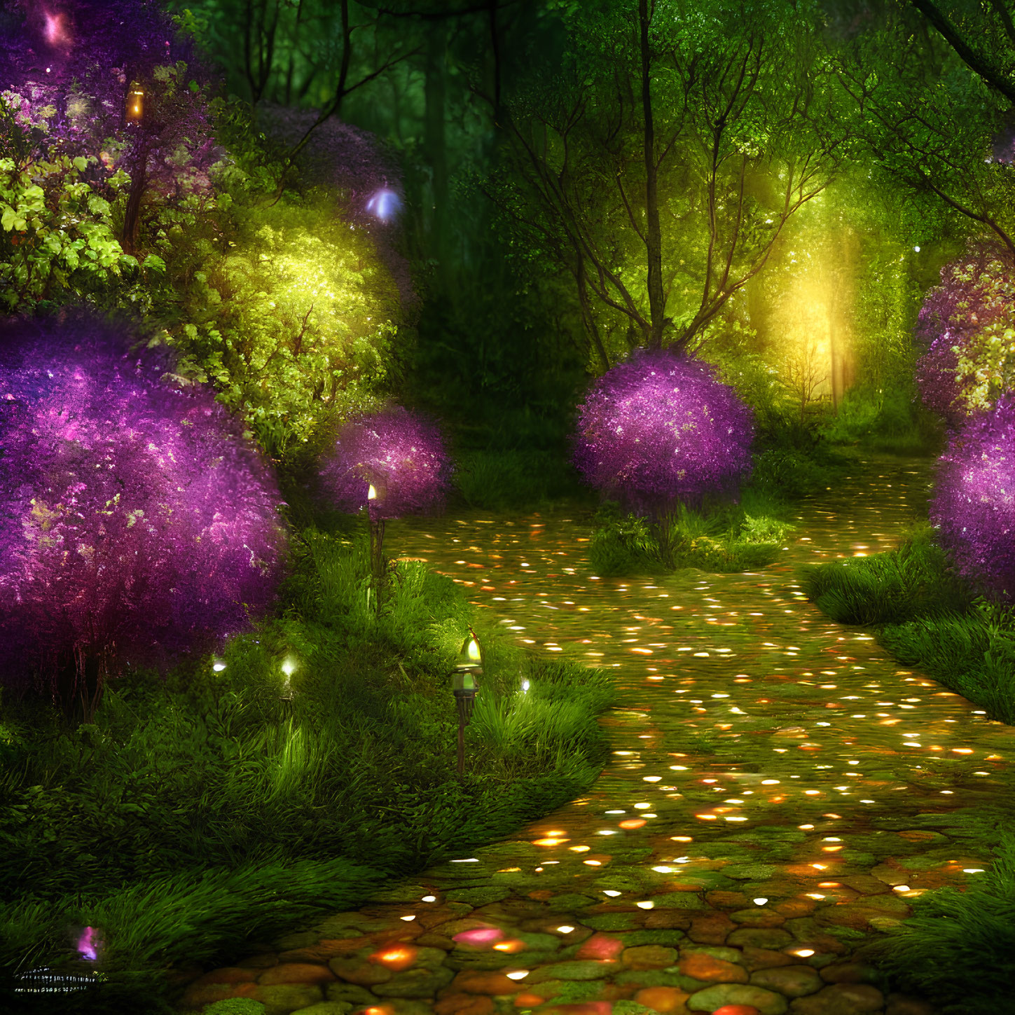 Enchanting forest pathway with glowing stones and purple flowers
