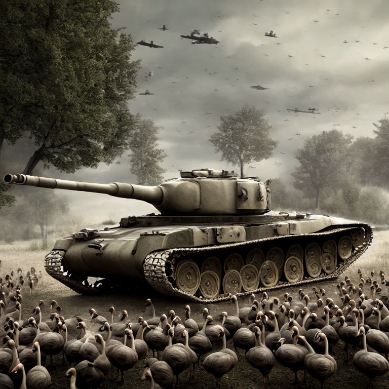 Tank moving through field with birds and fighter planes in war-like scene