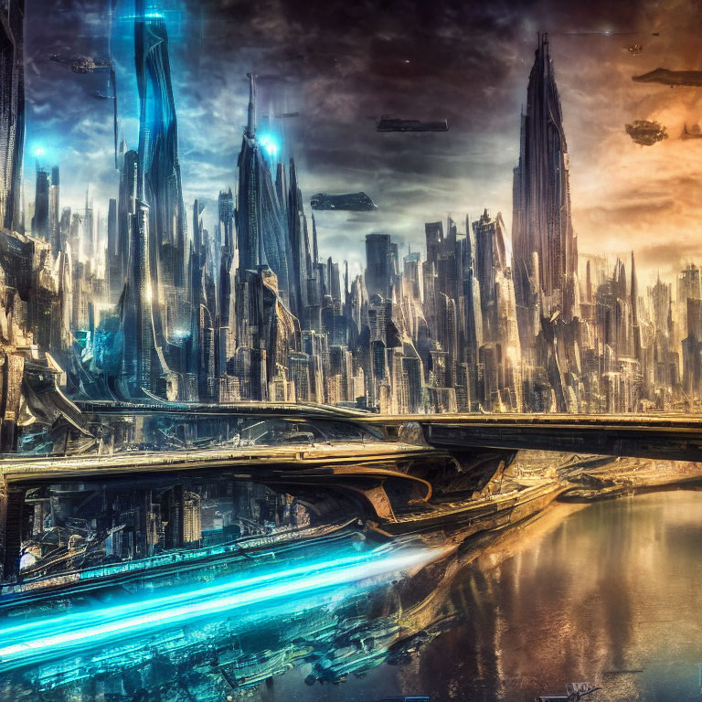Futuristic cityscape with skyscrapers, neon lights, flying vehicles, and dramatic sky