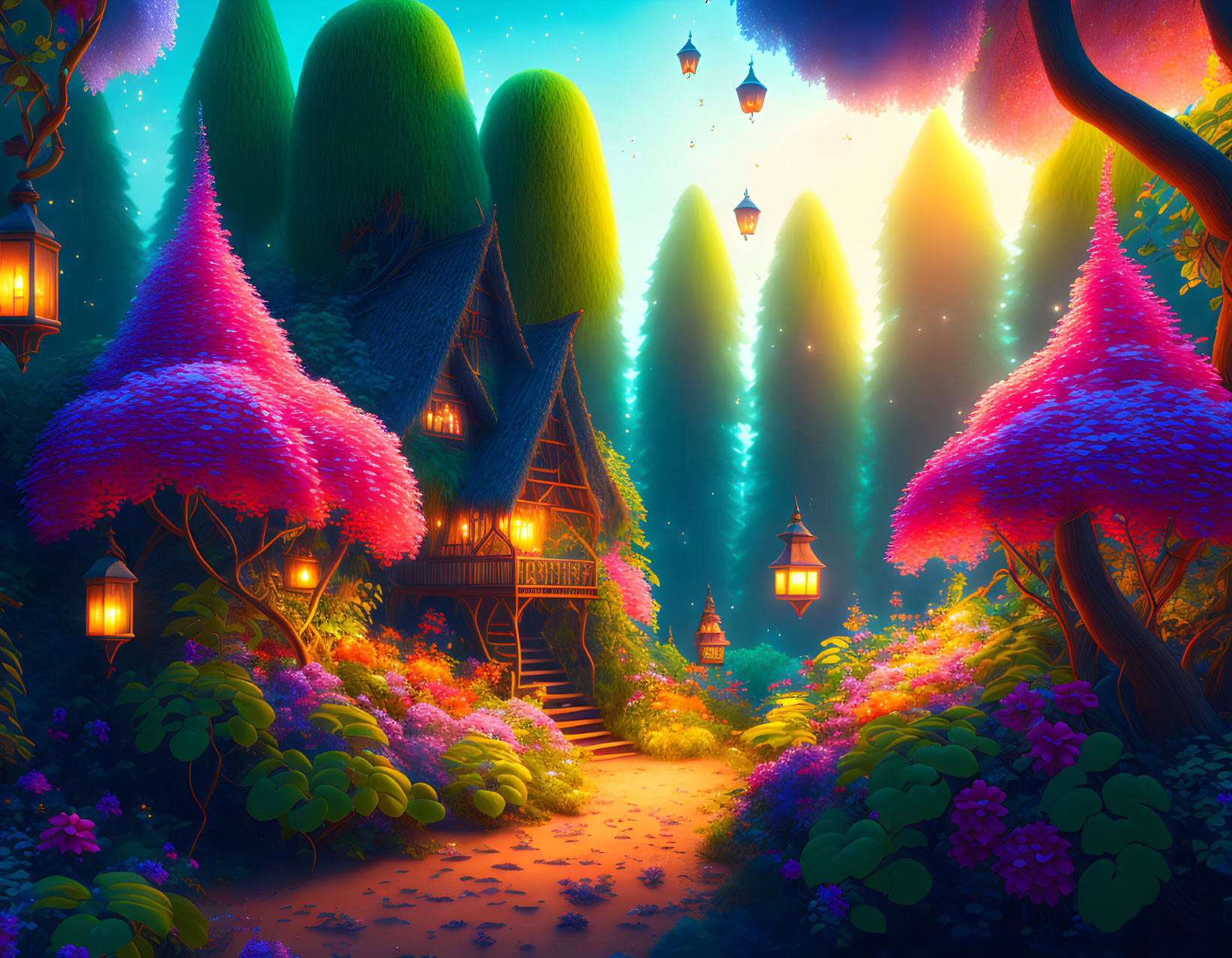 Fantasy landscape at dusk: illuminated cottage, colorful trees, floating lanterns.