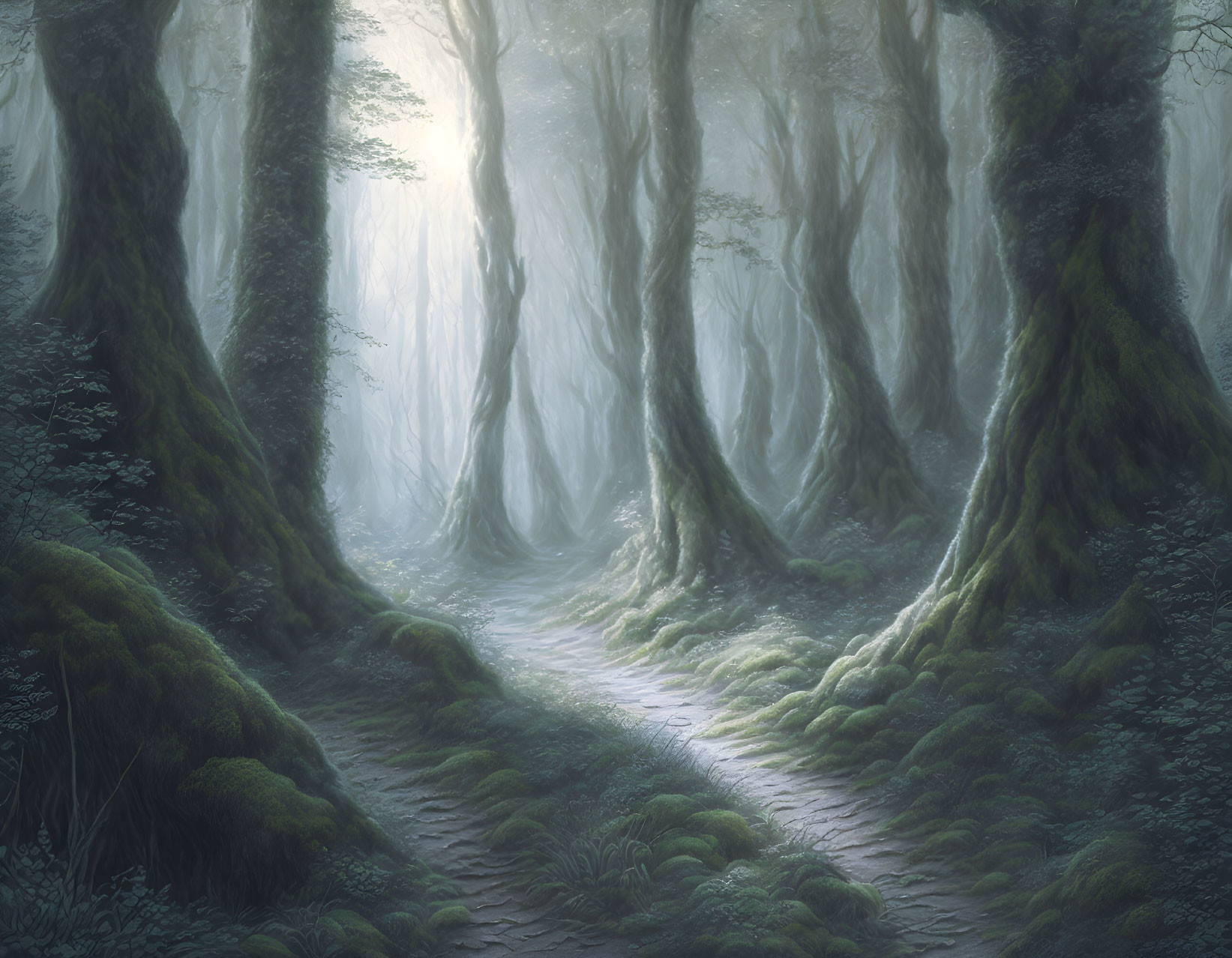 Enchanting forest path with fog-covered trees and sunlight
