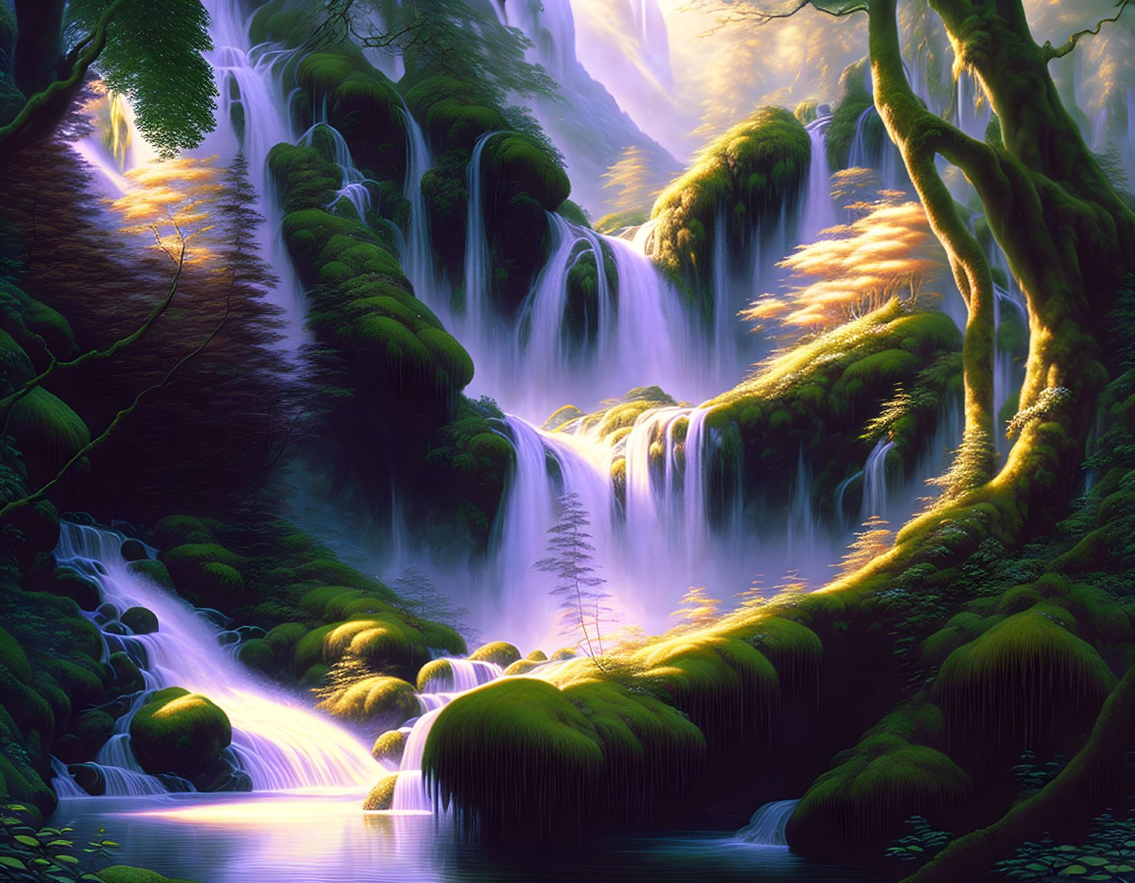Enchanting forest scene with waterfalls, greenery, moss-covered rocks, and ethereal light