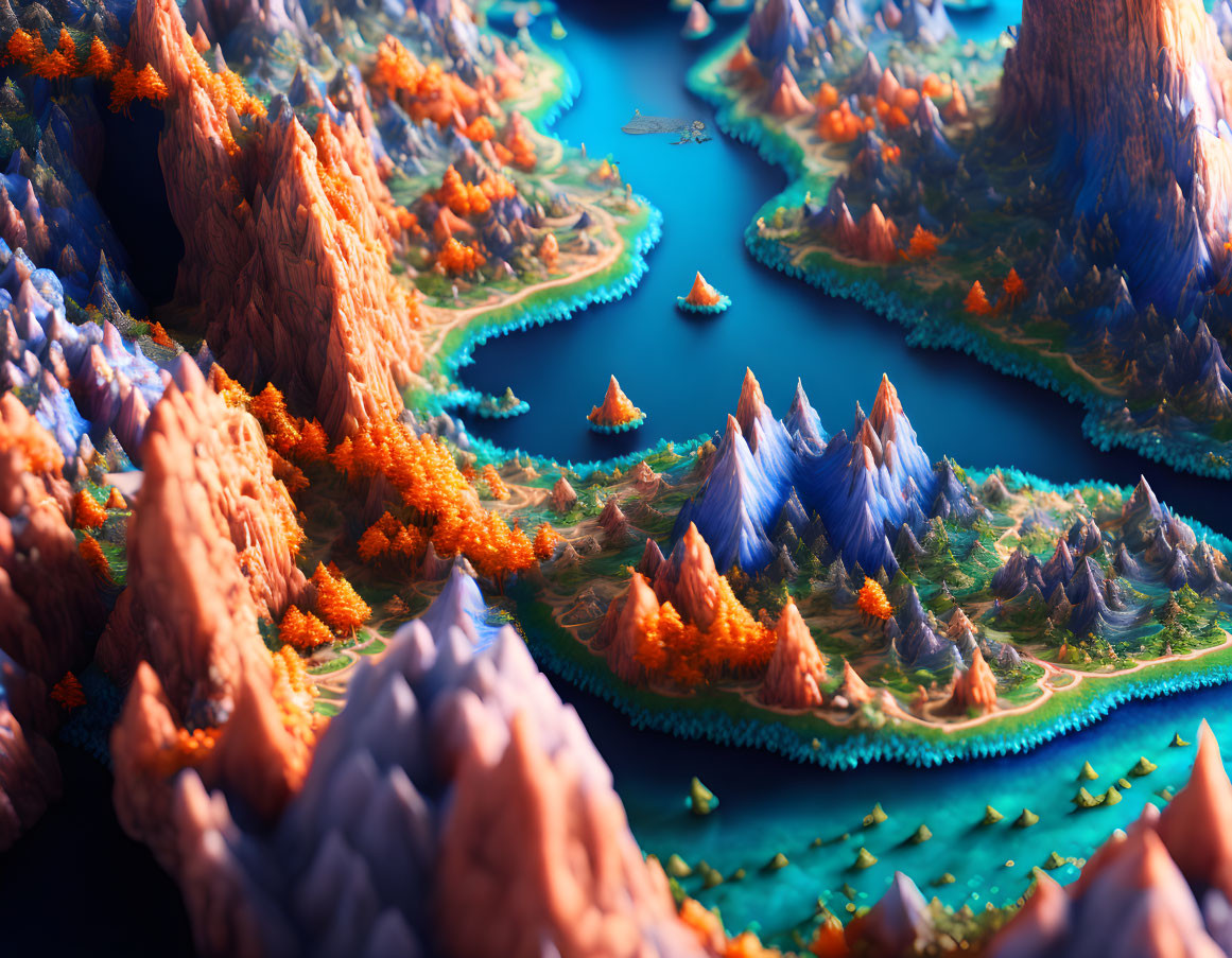 Colorful Autumnal Trees, Mountains, and Turquoise River in Vibrant Landscape