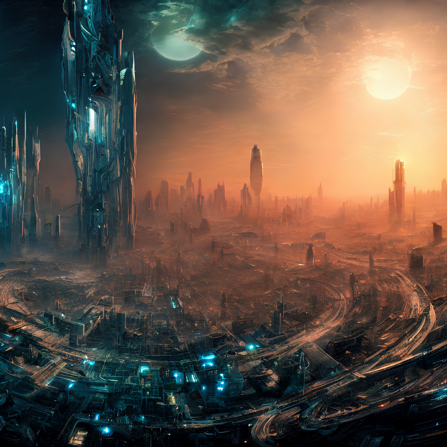 Futuristic cityscape with towering skyscrapers and two suns in an orange sky