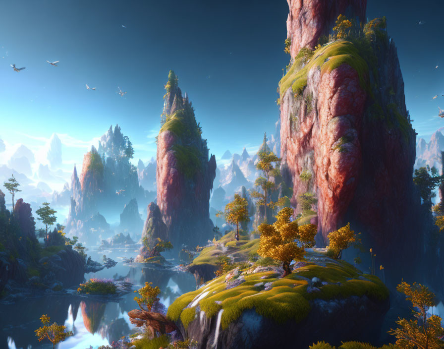 Mystical landscape with towering rock formations and lush greenery