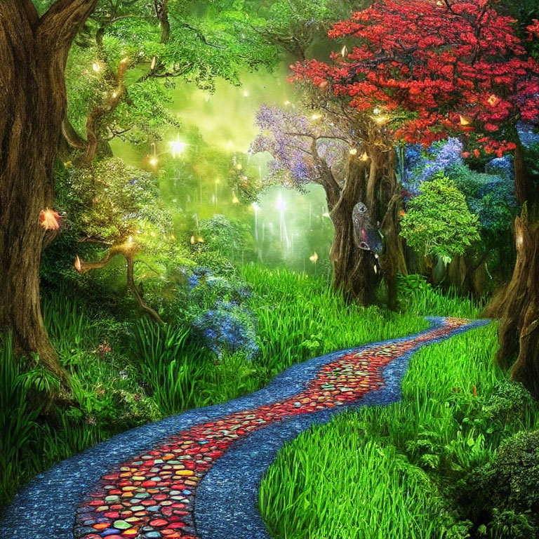 Colorful Forest Path with Mosaic Tiles and Hanging Lanterns