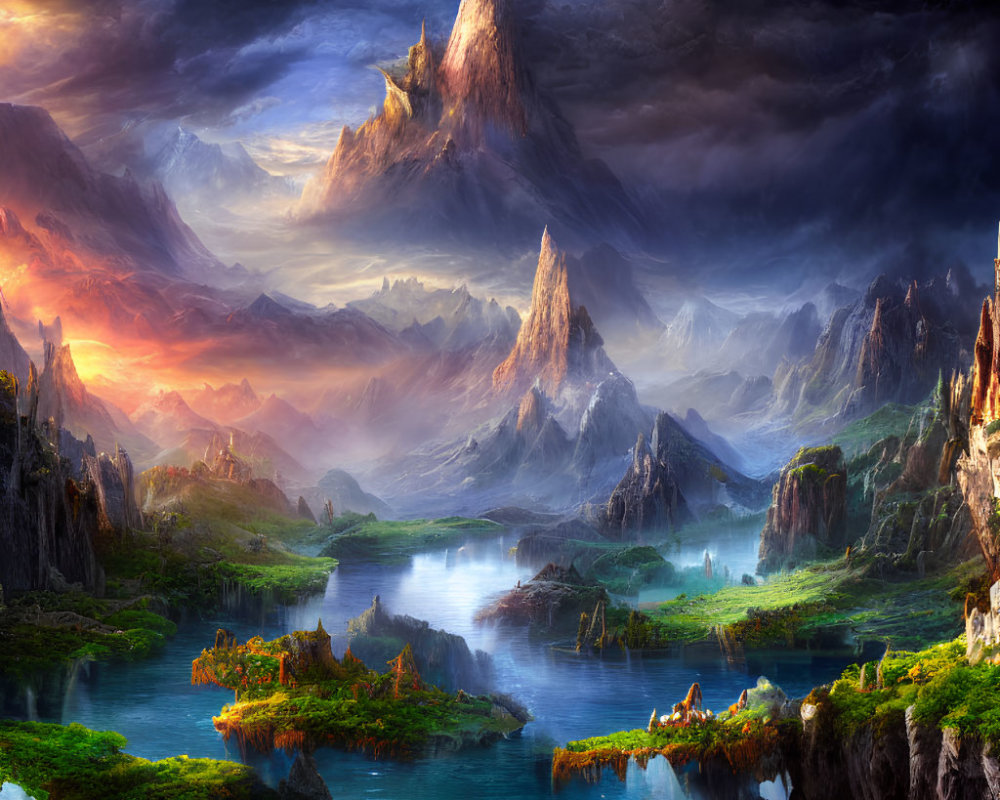 Fantasy landscape with mountains, river, greenery, and mystical lighting