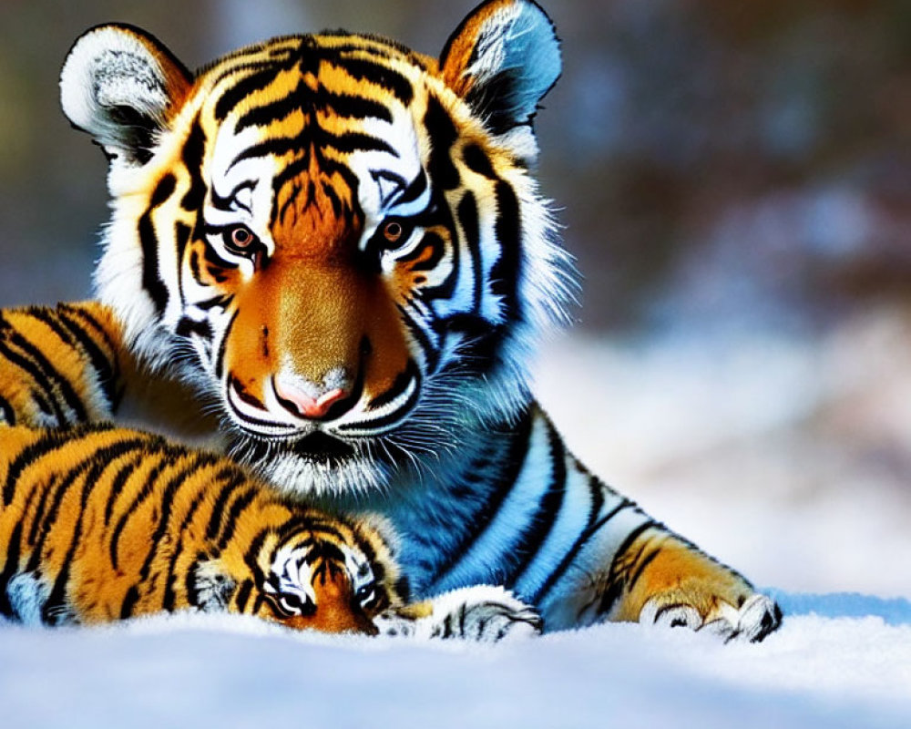 Majestic tiger with orange, black, and white stripes on snowy ground