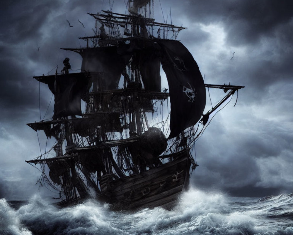 Ghostly pirate ship on stormy seas with tattered sails