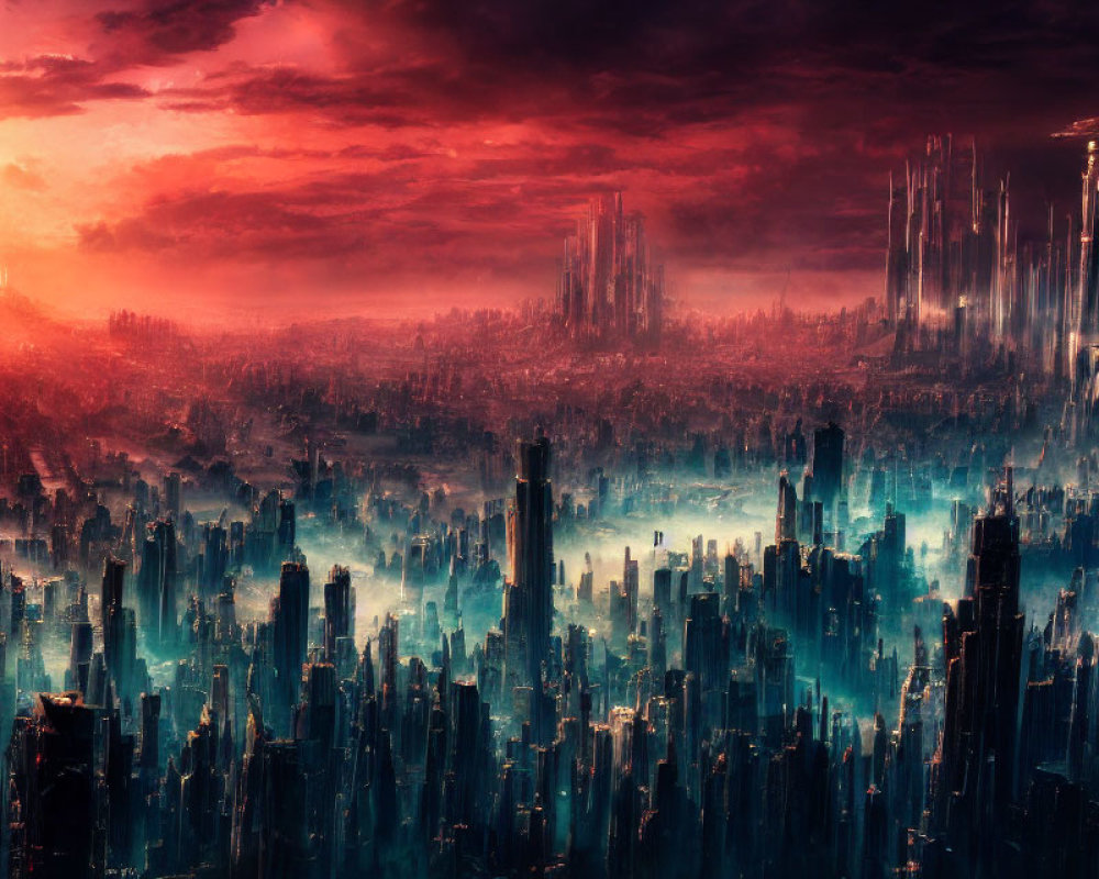 Dystopian cityscape with towering skyscrapers and red sky
