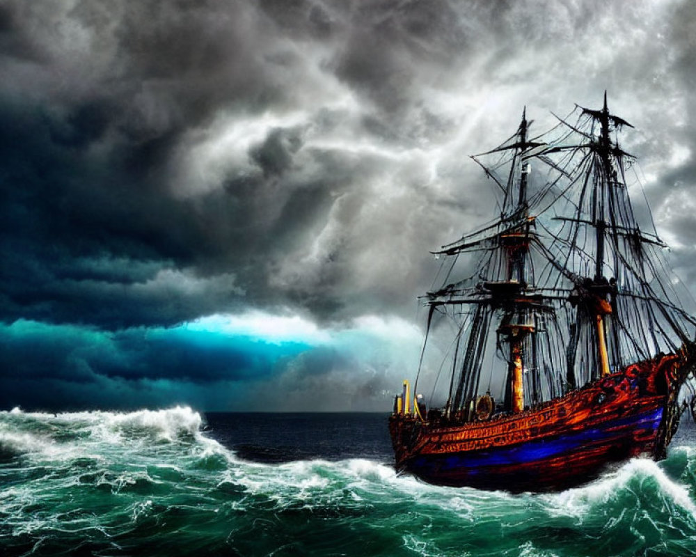 Tall ship sailing turbulent dark blue seas in stormy sky