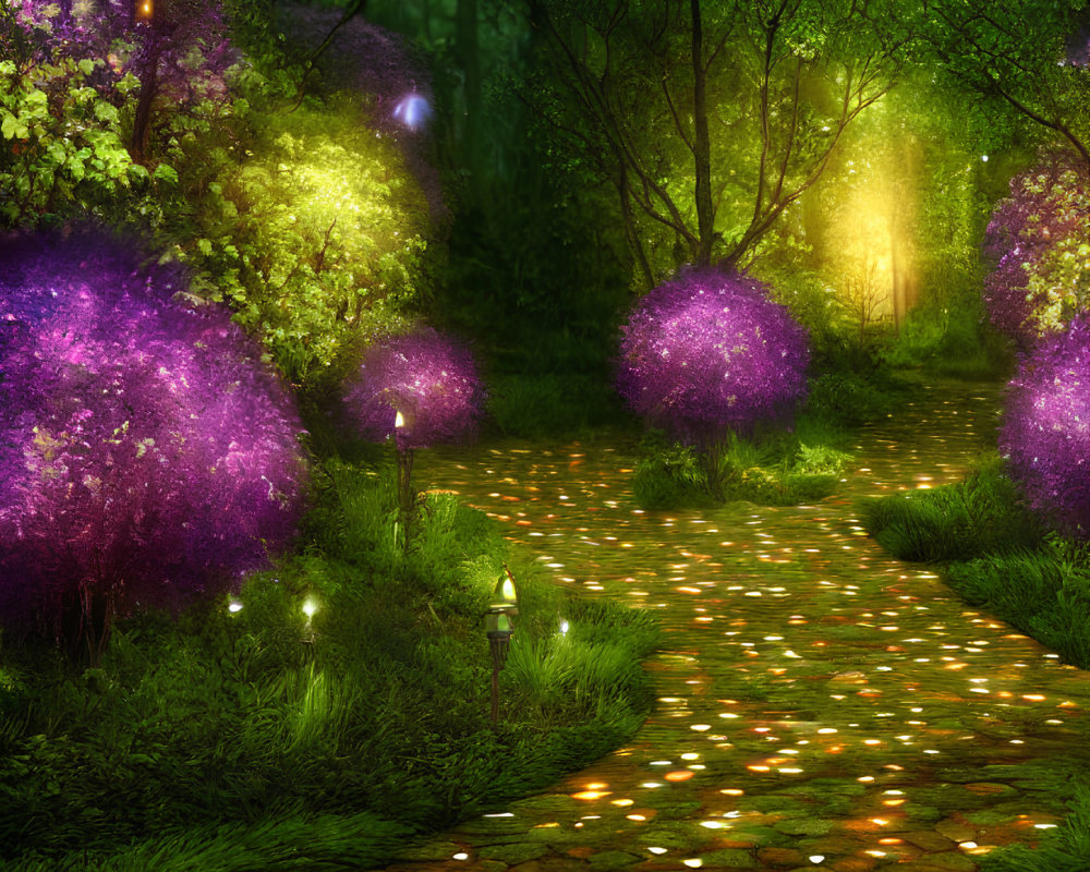 Enchanting forest pathway with glowing stones and purple flowers