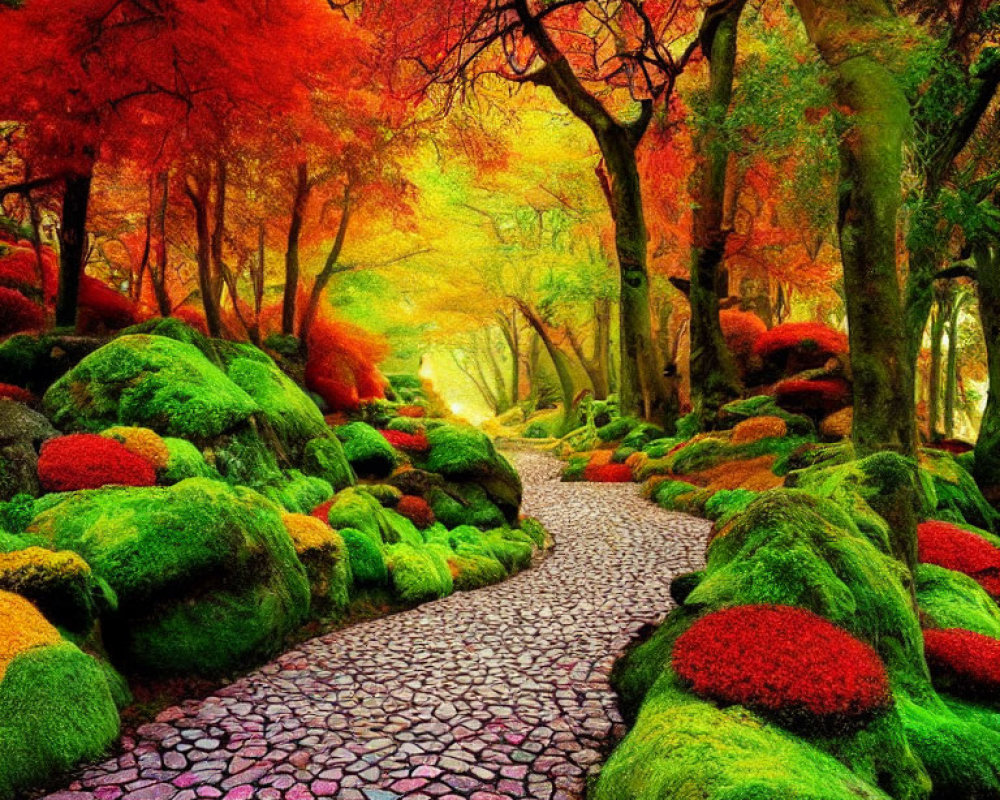 Vibrant forest path with moss-covered stones and red autumn trees