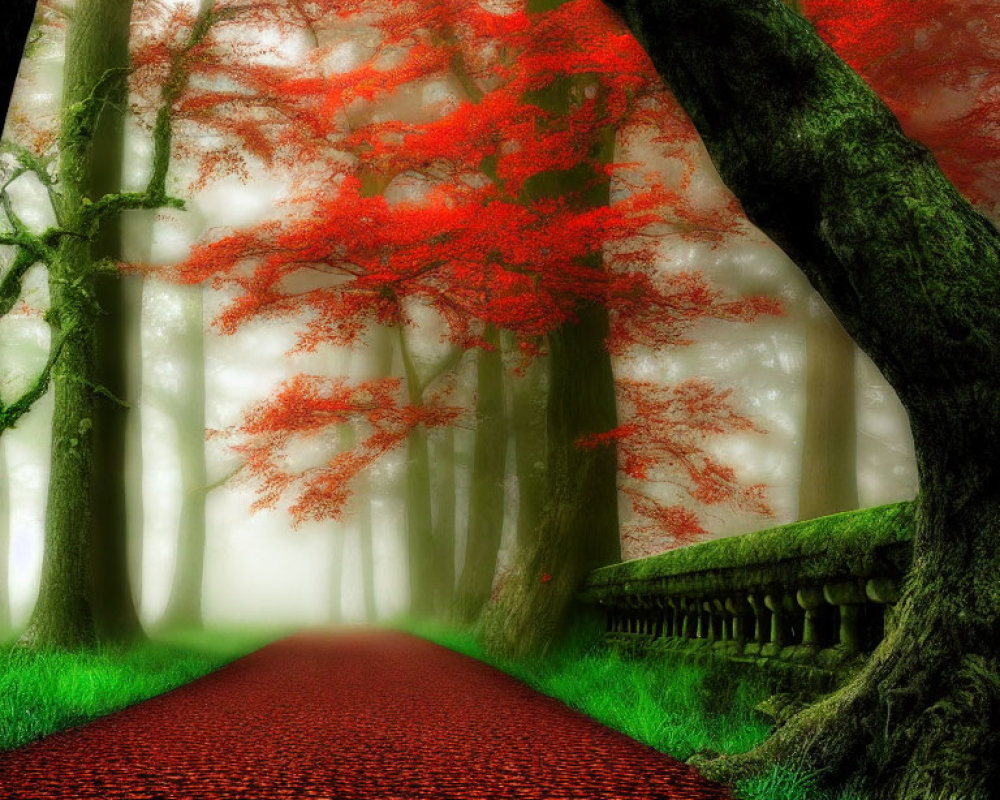 Vibrant red-leafed tree in misty forest with red pathway and stone balustrade