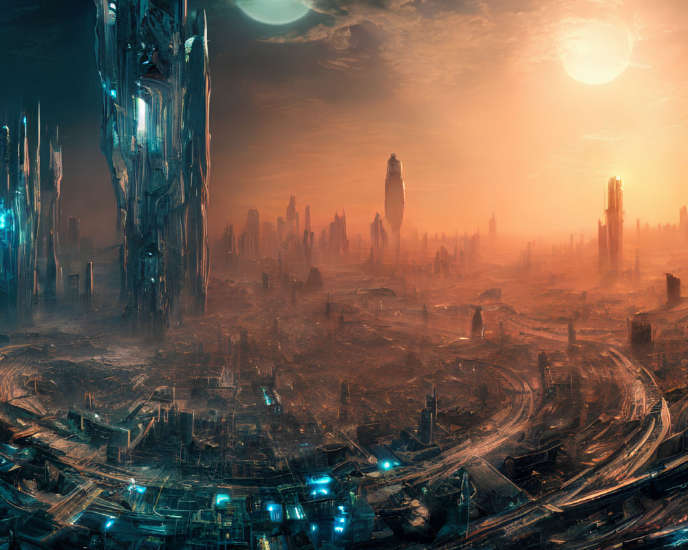 Futuristic cityscape with towering skyscrapers and two suns in an orange sky