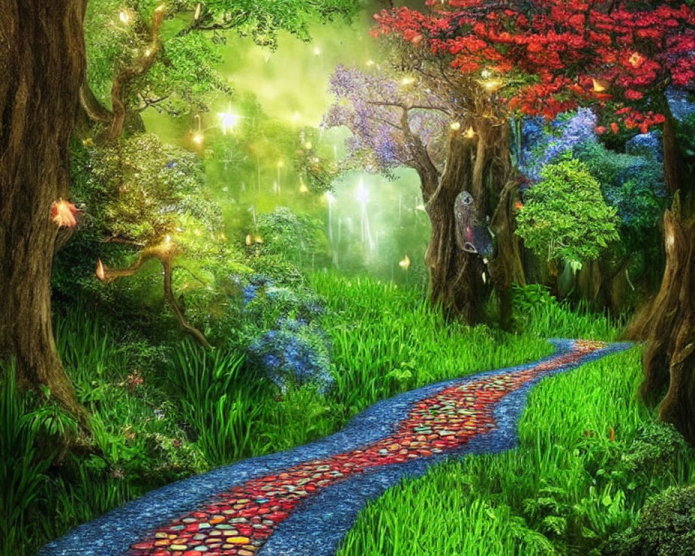 Colorful Forest Path with Mosaic Tiles and Hanging Lanterns