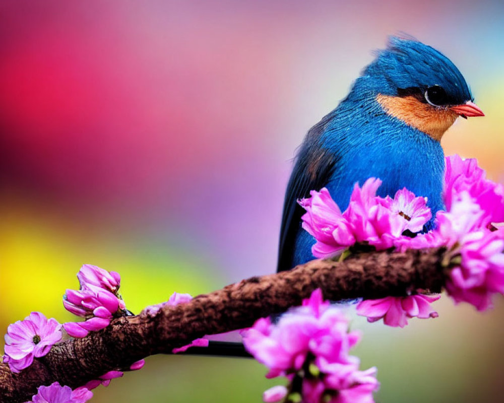 Colorful Bird Perched on Blossoming Branch Against Rainbow Sky
