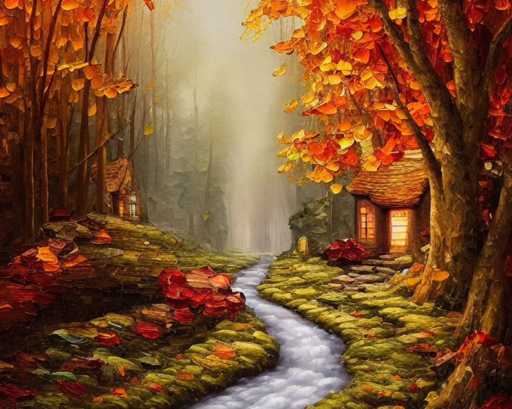 Tranquil stream in autumn forest with cozy cottage and warm light