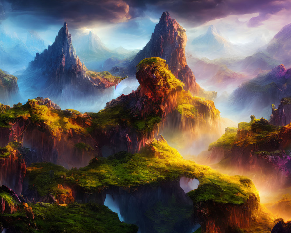 Colorful fantasy landscape with towering rock formations and floating islands.