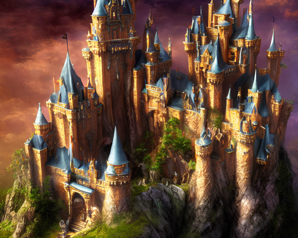 Fairy-tale castle with spires, towers, and bridges at sunset