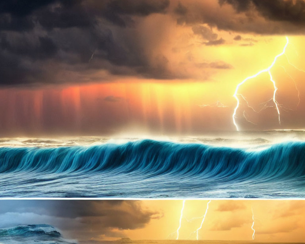 Vivid lightning bolt in dramatic seascape with blue wave