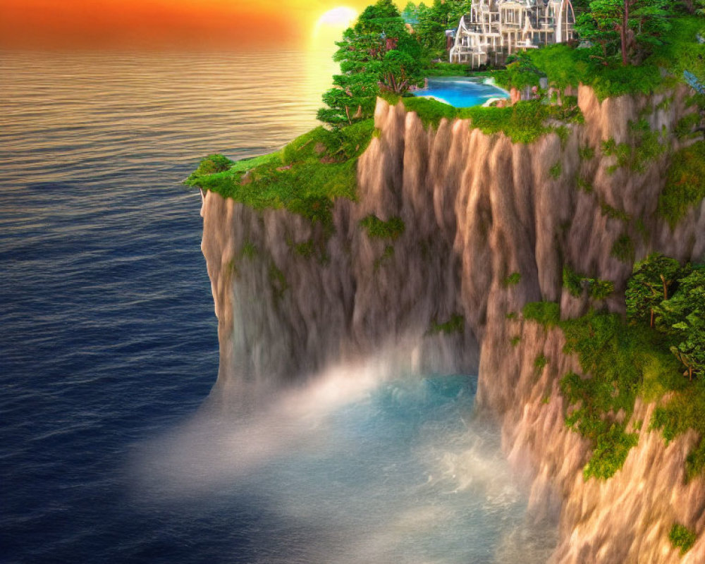 Luxurious mansion on cliff with waterfall into sea at sunset