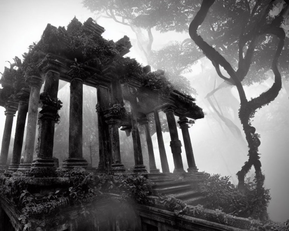 Ethereal black and white image of ancient ruins and foggy forest
