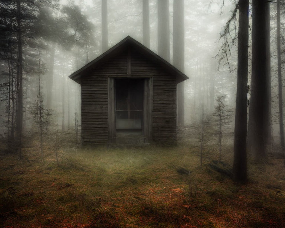 Desolate wooden cabin in misty forest with tall trees