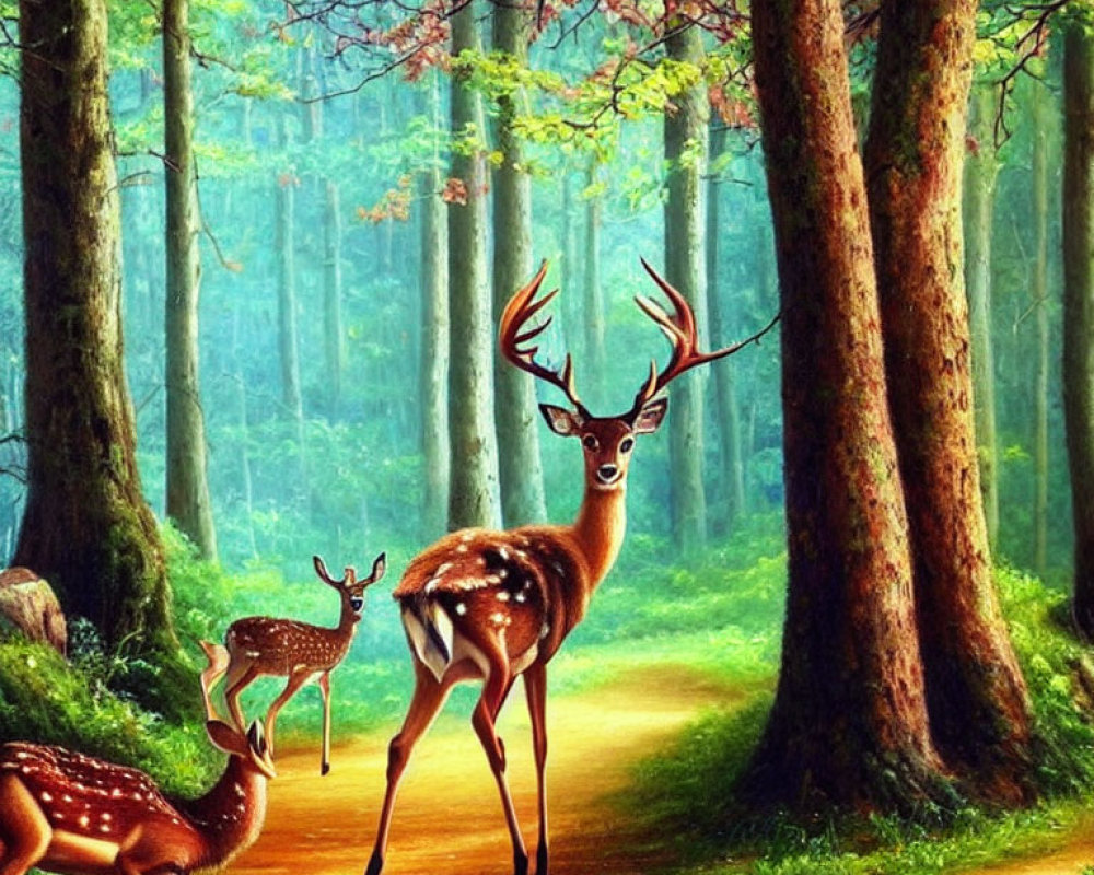 Wildlife: Three deer in forest with green trees and sunlight.