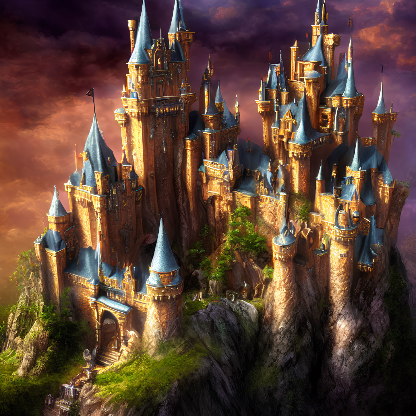 Fairy-tale castle with spires, towers, and bridges at sunset