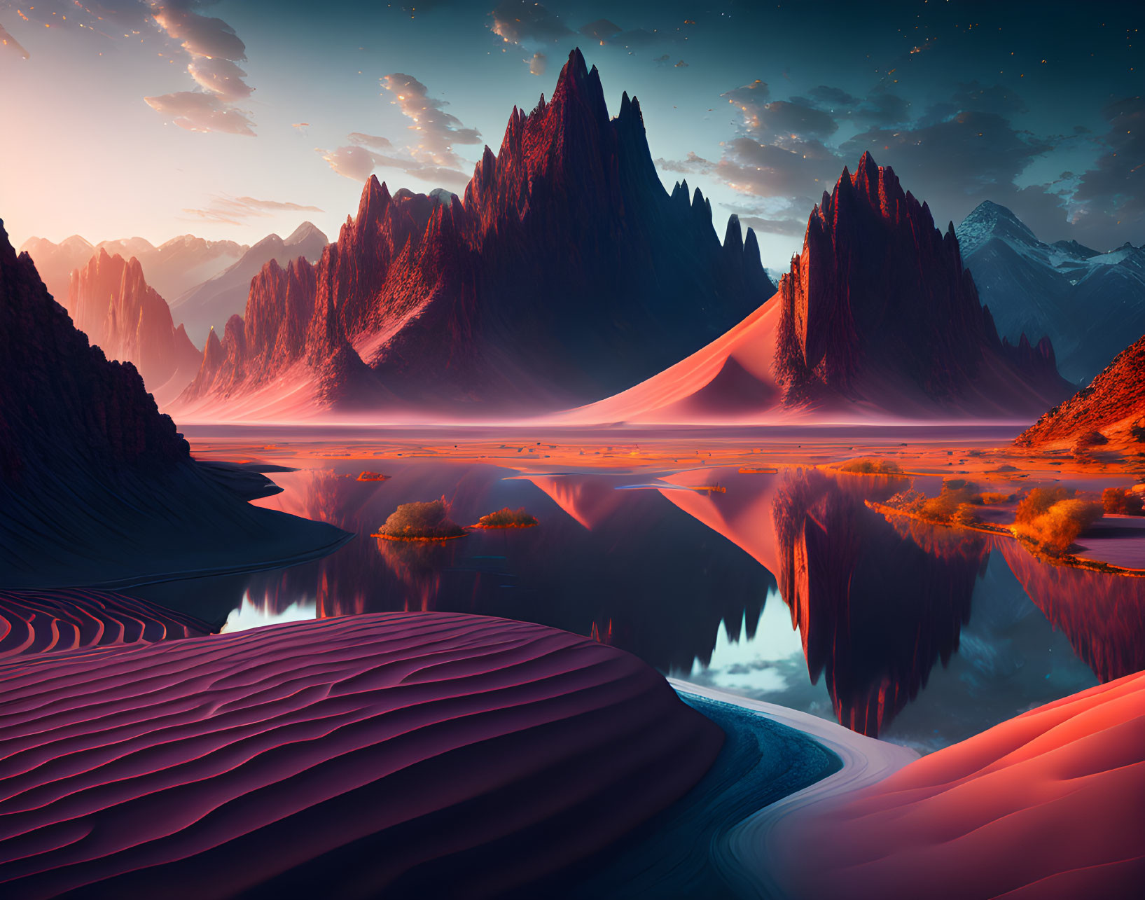 Serene lake reflecting towering peaks and sand dunes under twilight sky