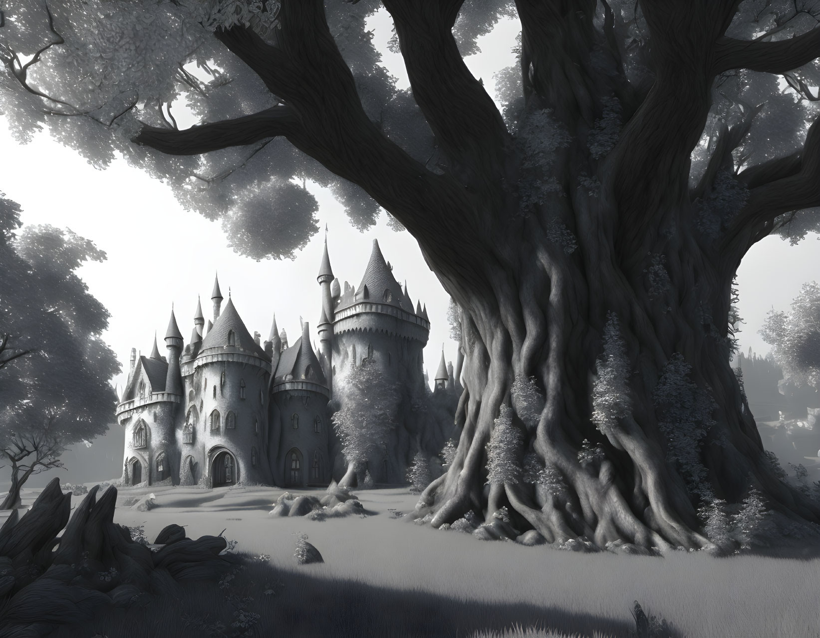 Monochromatic castle nestled in mystical forest with ancient tree