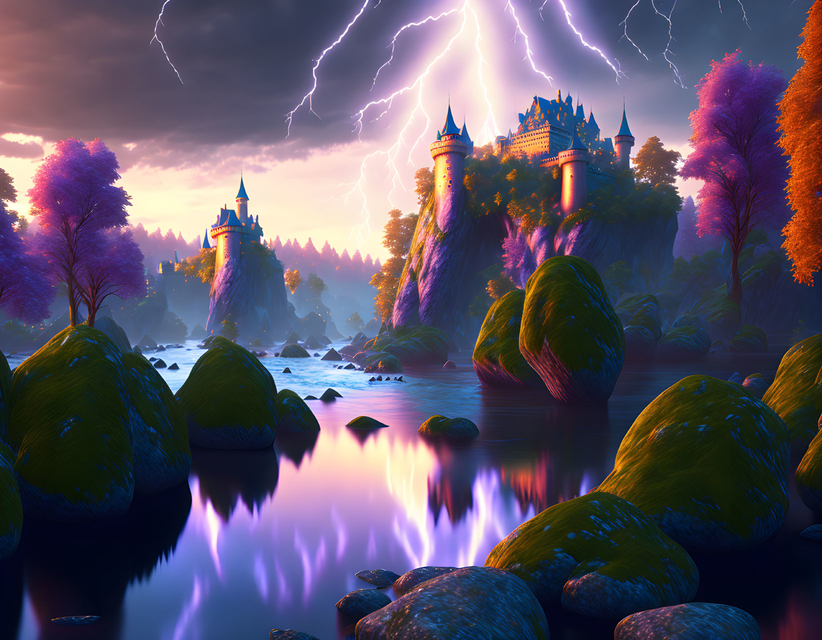 Fantasy landscape with purple hues, two castles, reflective river, and lightning sky