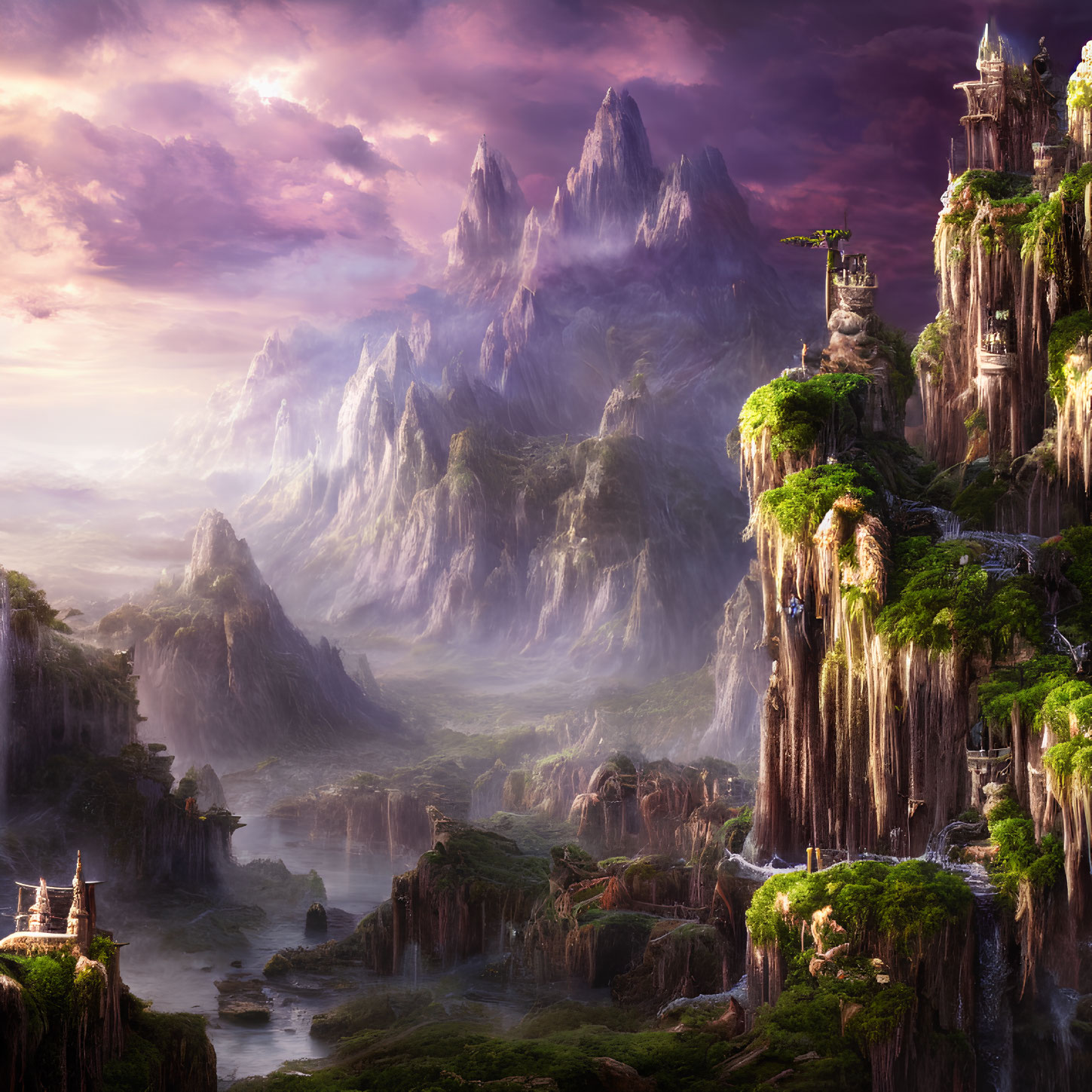 Mystical landscape with mountains, waterfalls, greenery, and castle-like structures