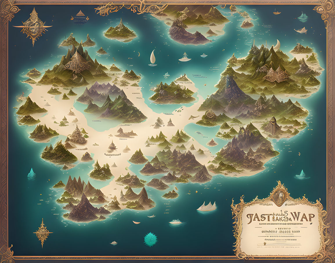 Fantasy map with islands, mountains, forests, sailboats in sepia tones