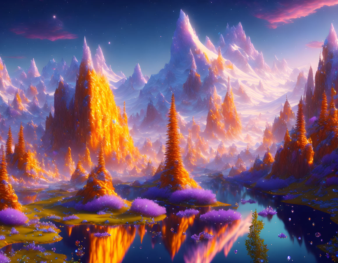 Fantasy landscape with glowing foliage, reflective water, and snowy mountains at sunset