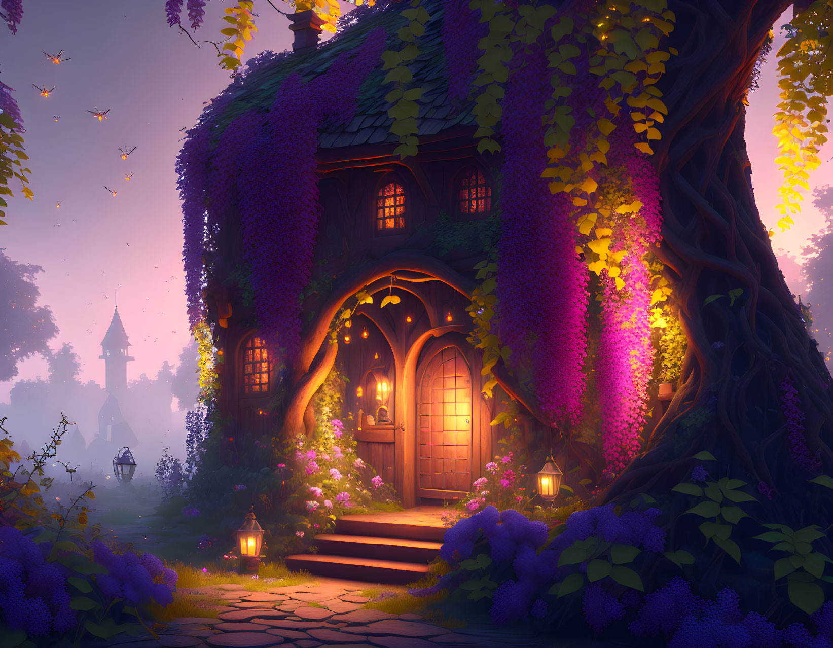 Enchanting treehouse draped in purple vines amid lush foliage