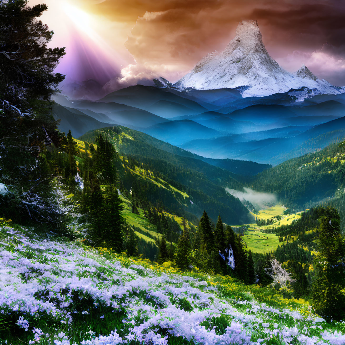 Scenic mountain landscape with snowy peak, green hills, flowers, and sunrise.
